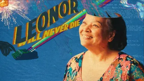 woman smiling up at text that reads: Leonor Will Never Die