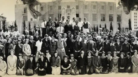 Central Library staff photo taken from Flower Street with a view of the East side of the Library 1926 