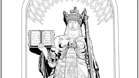 line drawing of a lady statue holding a book