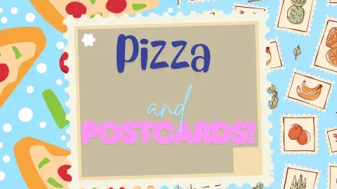 light blue background with cartoonish pizza and postage stamps in the background and the words Pizza and Postcards in purple, blue and pink in the middle of the image with a brown postcard with tan bordering 