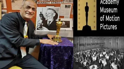 Man sitting holding an Oscar statue with a photo of the Academy awards logo and an old photo from the past of the awards ceremnay 