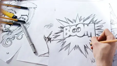 Close-up of hand drawing various graphic/comic sketches.
