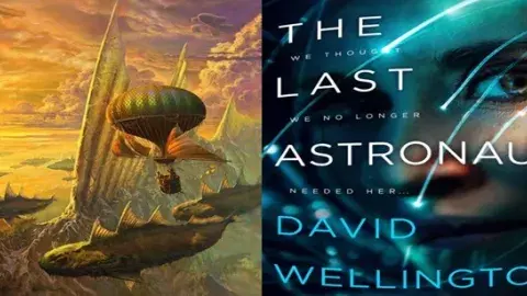 Futuristic view of flying objects and the book cover of The Last Astronaught