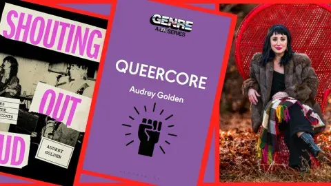 the books Shouting Out Loud and Queercore  next to author Audrey Golden 
