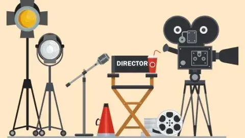 An illustration of a film set with lights, a camera, mic, and a director's chair.