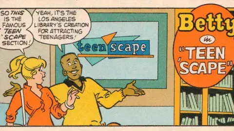 closeup of a page from the Betty comic showing the gang in LAPL's teenscape department