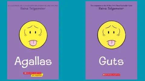 Two books with a a purple background and a yellow face with frowning eyebrows and pink tongue. The book on the left has the title Agallas and the book on the right has the title Guts. Image background is teal.