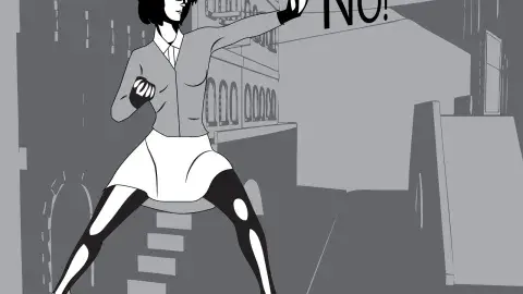 black and white graphic of woman in karate stance