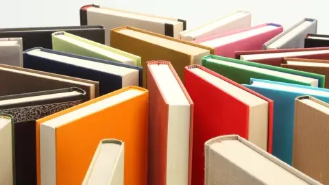 Books standing up in a group