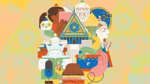 illustration of people reading books with the Central Library tower in the center