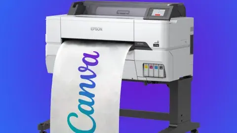Poster printer against a blue background printing a poster that says Canva