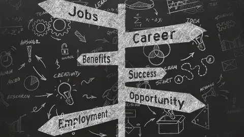 a sign with the following words jobs, career, benefits, success, opportunity, employment on top of a grey background and other images.