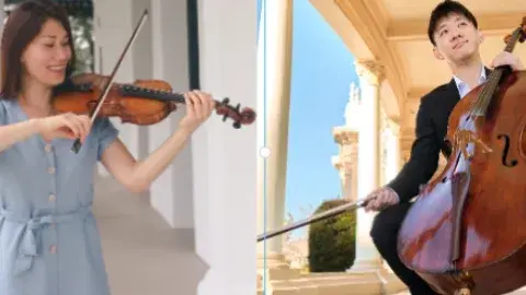On one side person playing violin and on the other side person playing cello.