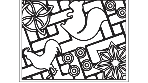 outlines of squirrel and rooster and other motifs