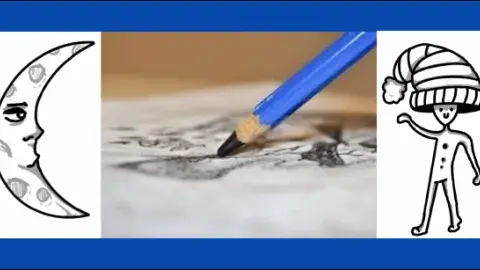 A drawing of a moon, a figure with a hat, and a pencil sketching.