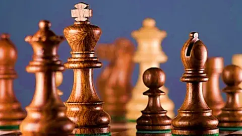 Chess board and chess pieces are in the picture