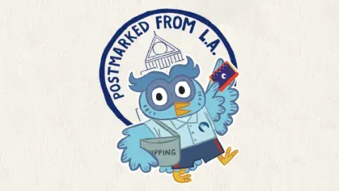 blue owl holding a library card and delivering mail 