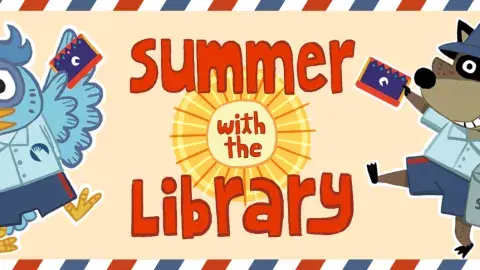 Summer with the library in the center and a postmark on the far left then a raccon dressed as a postperson and a stamp on the far right and an owl dressed as a postperson