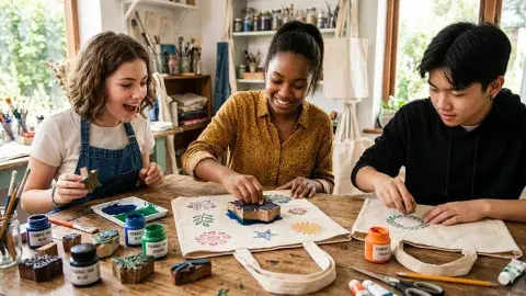 Three teenagers decorating a tote bag.
