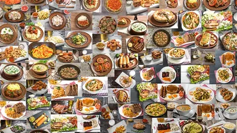 A collage of different plated foods.