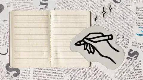 An illustrated hand writing on a notebook.