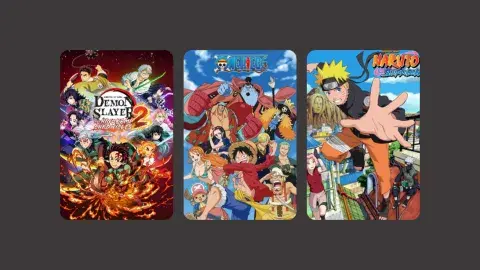 A series of images of Demon Slayer, One Piece, and Naruto anime.
