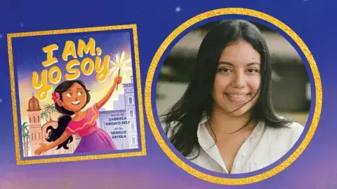 Author Mirelle Ortega and the cover of "I Am, Yo Soy."