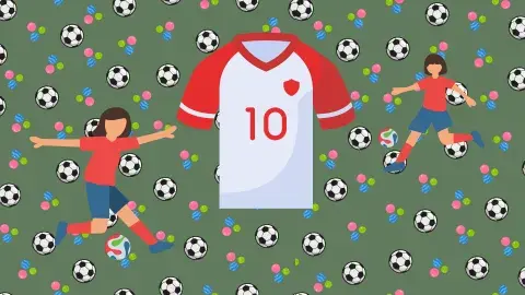 a white and red number ten jersey in the middle with two girls in red shirts and blue shorts on both sides kicking soccer balls, it a repeating background of soccer balls in the background