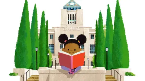 An illustrated image of a child reading a book in front of the Central Library.