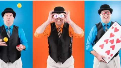 Three images of the same man in a bowler hat. In the first image he's juggling in the second he'll holding up giant eyes, in the third he's holding giant playing cards.  