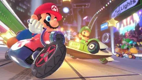 Mario on a motorcycle with Luigi in the background. 