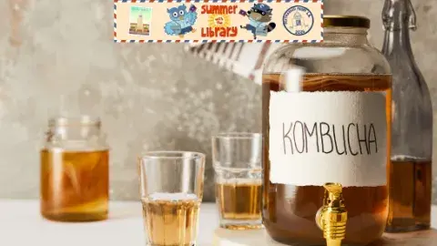 Photo of kombucha to drink + summer with the library banner