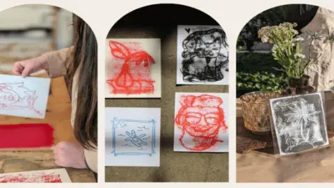 Three images of different types of monoprinted artwork.