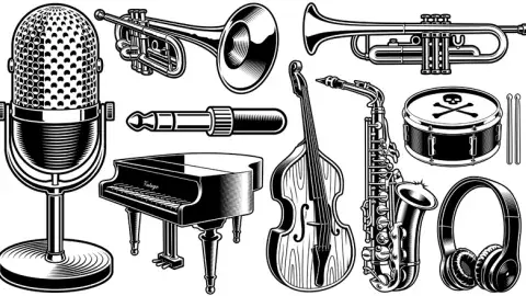 Drawings of various musical instruments including a piano, a violin, a trumpet, a microphone, a drum, and more.