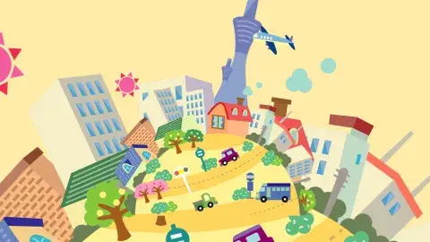 Animated rounded city skyline brightly illustrated