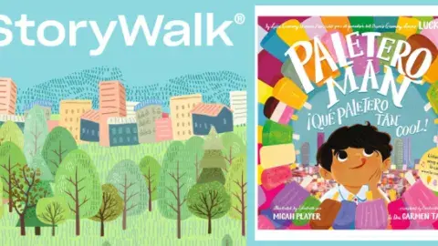 storywalk text with trees and front cover of Paletero Man book