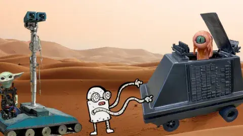several robots (including yoda) roam a desert