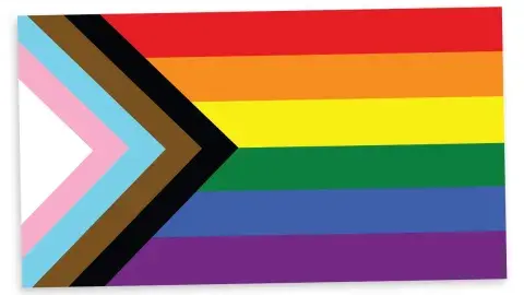Progress Pride Flag-rainbow flag, with stripes of black and brown to represent marginalized LGBTIQ+ people of color and the triad of blue, pink, and white from the trans flag