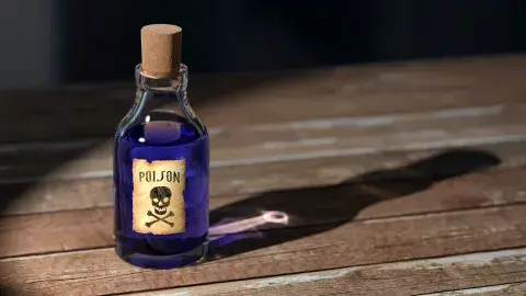 A bottle marked poison filled with a purple liquid, Image by qimono from Pixabay