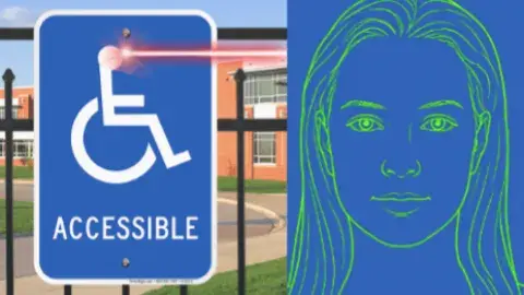 Wheelchair access sign shooting laser beams and two women's faces