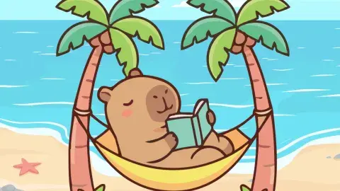 A capybara reading a book in a hammock on the beach.  