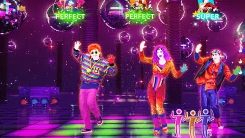Three people dancing onscreen of the Just Dance nintendo switch game.