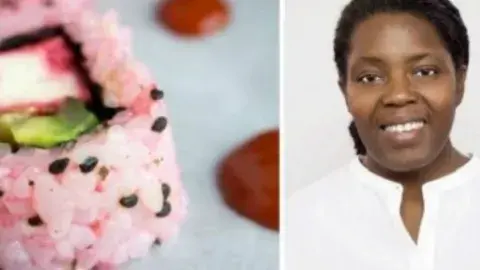 To the left is a close-up photo of a sushi roll. To the right is a photo of Acooba, wearing a white shirt and smiling.