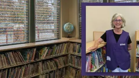 Photo of the picture book shelves at the Palms-Rancho Park Branch with an inset portrait photo of Linda
