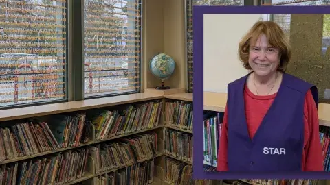 Photo of the picture book shelves at the Palms-Rancho Park Branch with an inset portrait photo of Nancy