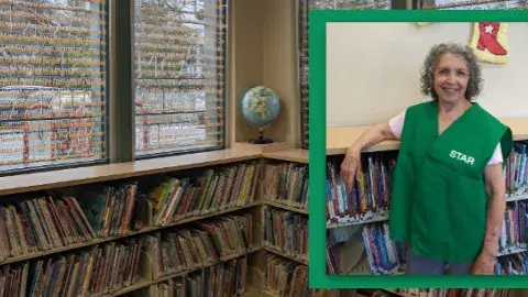 Photo of the picture book shelves at the Palms-Rancho Park Branch with an inset portrait photo of Sandra