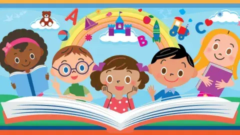 cartoon of five kids looking at a giant open book