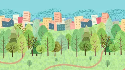 cartoon grassy field with trees and buildings in the background