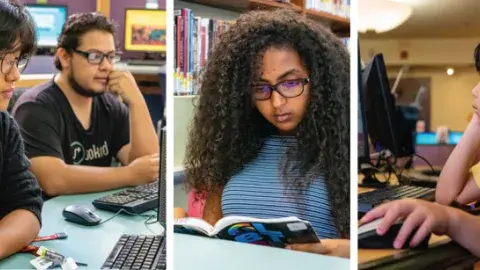 3 photos of young people working on school work