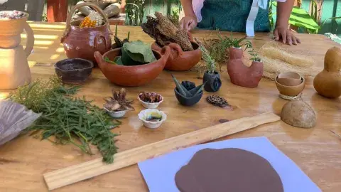 Different shaped clay jars holding corn, jicama and other plants sitting on top of a table. A flattened piece of clay is to the side.